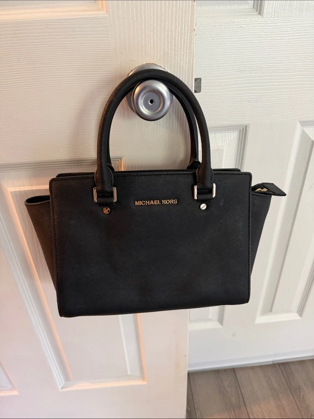 MICHAEL KORS Black Saffiano Leather Satchel with Gold Hardware